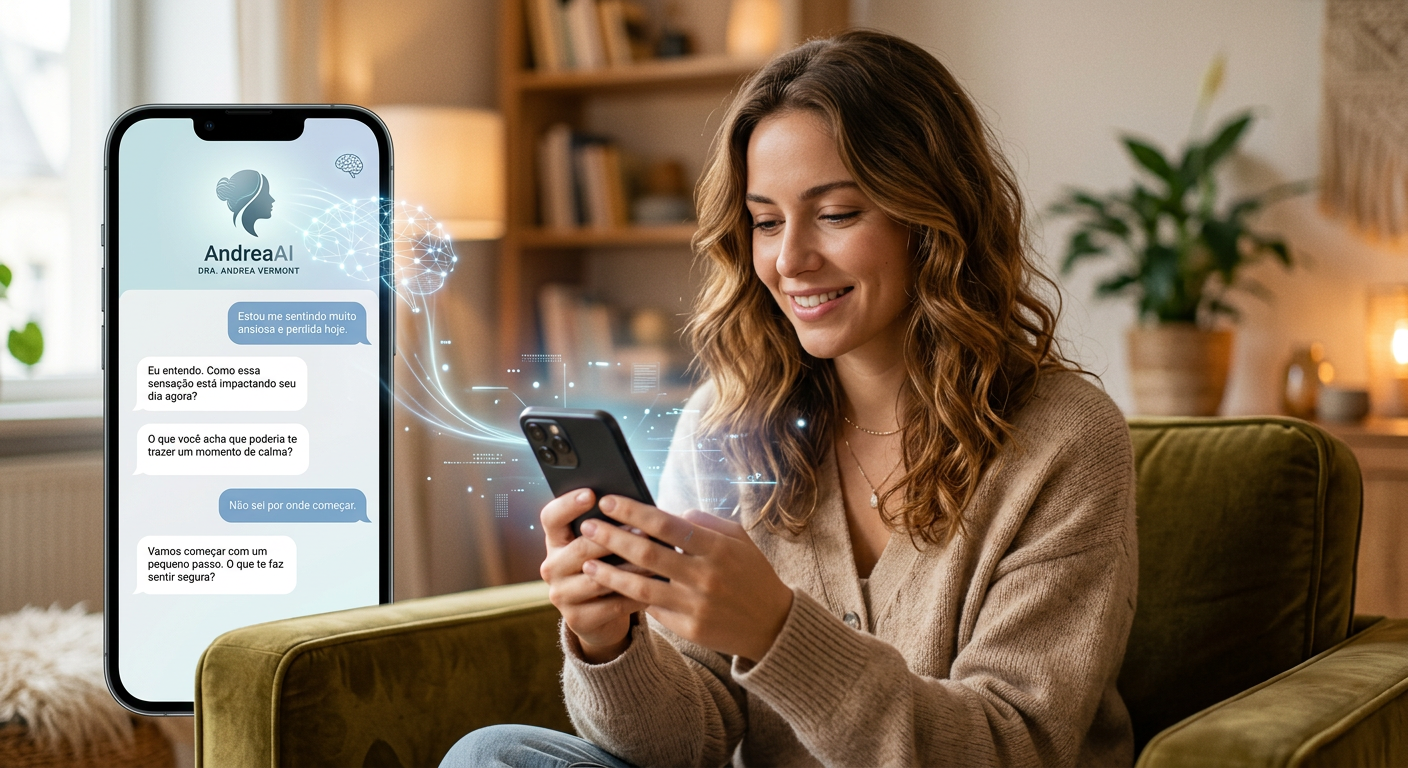 Mão feminina segurando smartphone com aplicativo AndreaAI na tela, exibindo interface de chat de IA para apoio emocional e autoconhecimento.