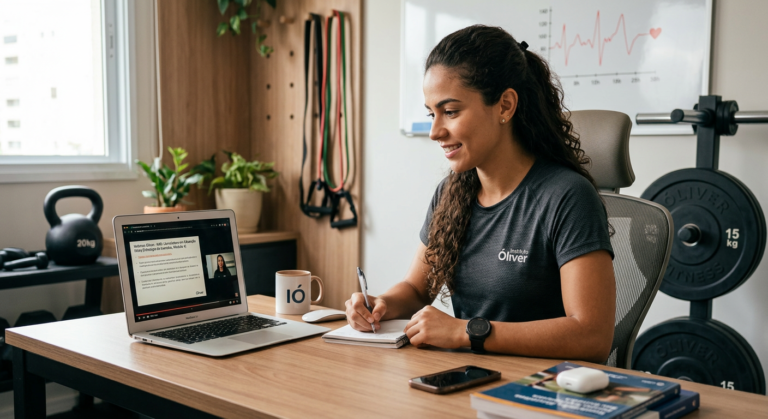 Aluno(a) estudando o Bacharelado em Educação Física EAD do Instituto Óliver em laptop, com elementos de fitness e carreira profissional ao fundo.