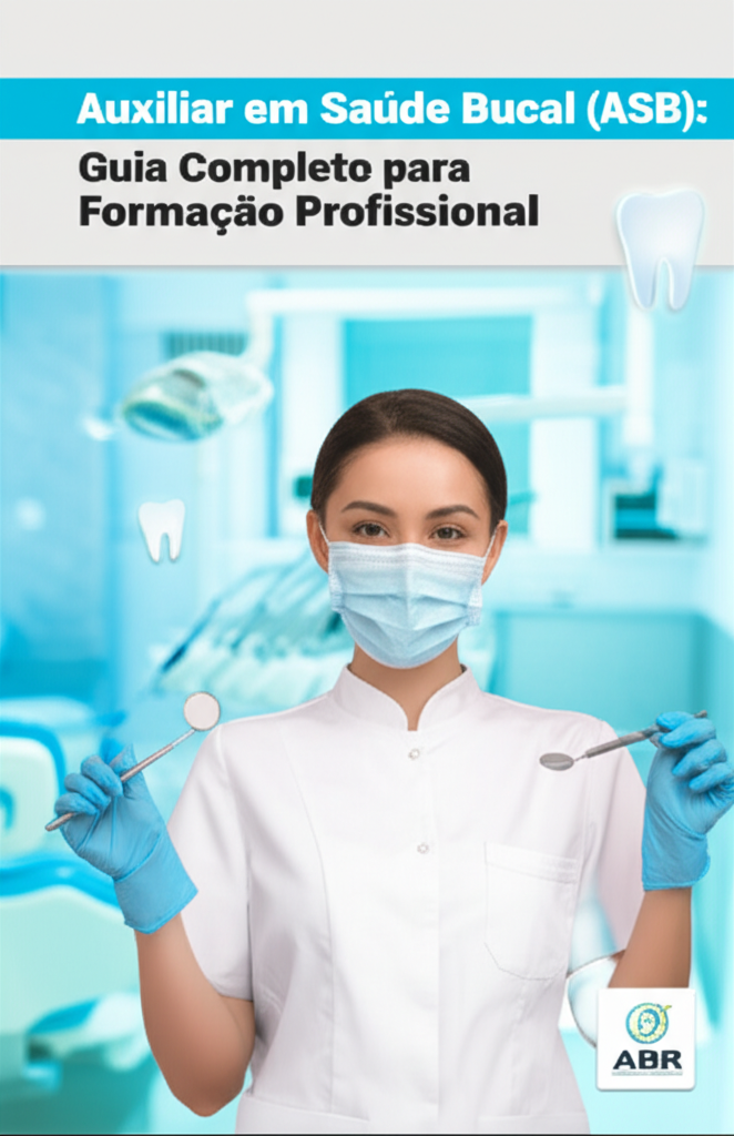 Capa de eBook mostrando uma assistente de saúde bucal em uniforme branco segurando instrumentos odontológicos, com fundo de clínica dental moderna e ícones de dentes, escova e fio dental, título em tipografia bold.