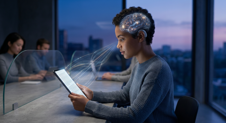 Pessoa lendo rapidamente com foco intenso, representando a Leitura Dinâmica - Metaleitura (LDE) de Renato Alves, que combina velocidade e alta compreensão cerebral.