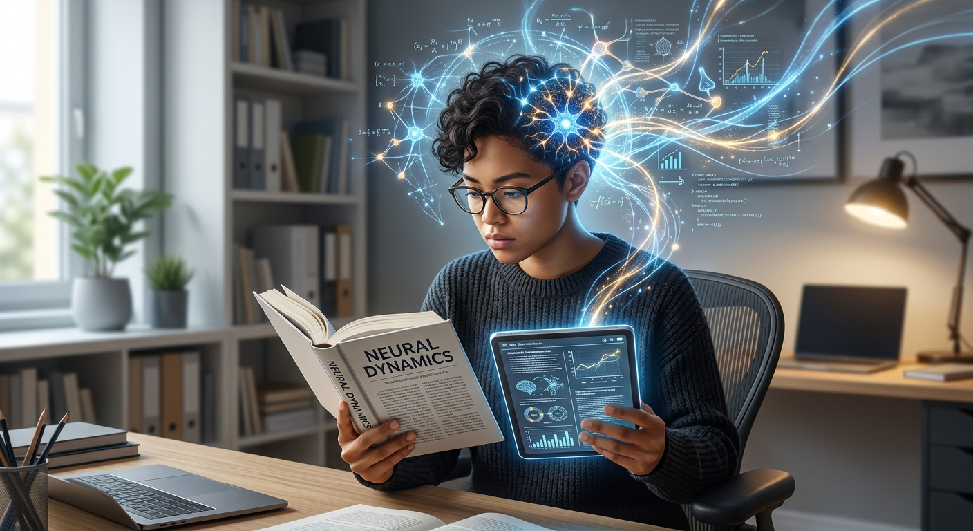 Pessoa concentrada lendo rapidamente um livro e um tablet, com símbolos de atividade cerebral, representando o Curso Leitura Dinâmica Metaleitura de Renato Alves.