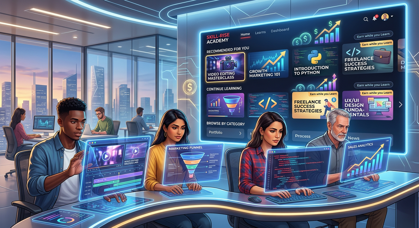 Tela futurista do CyberClass Petaxxon de Peter Jordan com diversos cursos e alunos aprendendo habilidades digitais para monetização.