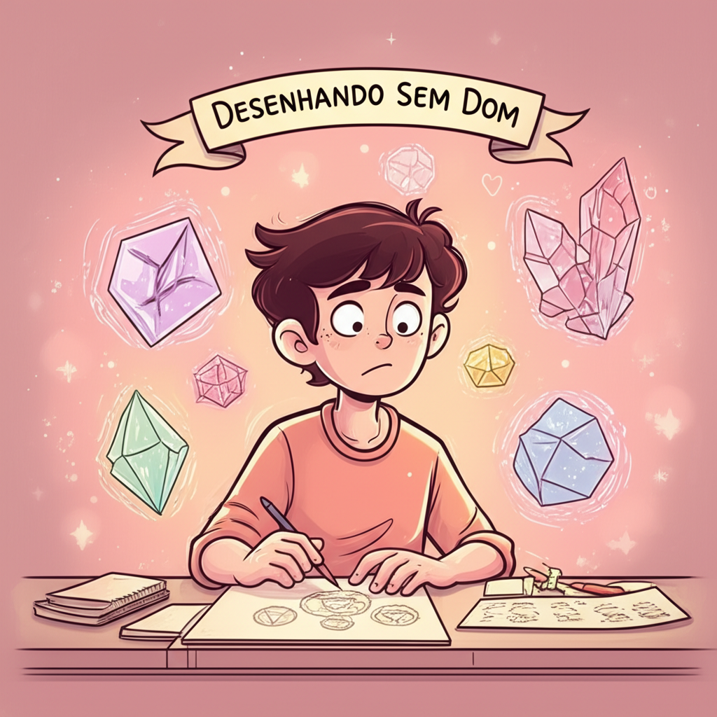 Ilustração divertida de alguém desenhando cristais de forma desajeitada, cercado por cristais brilhantes e símbolos de chakras.