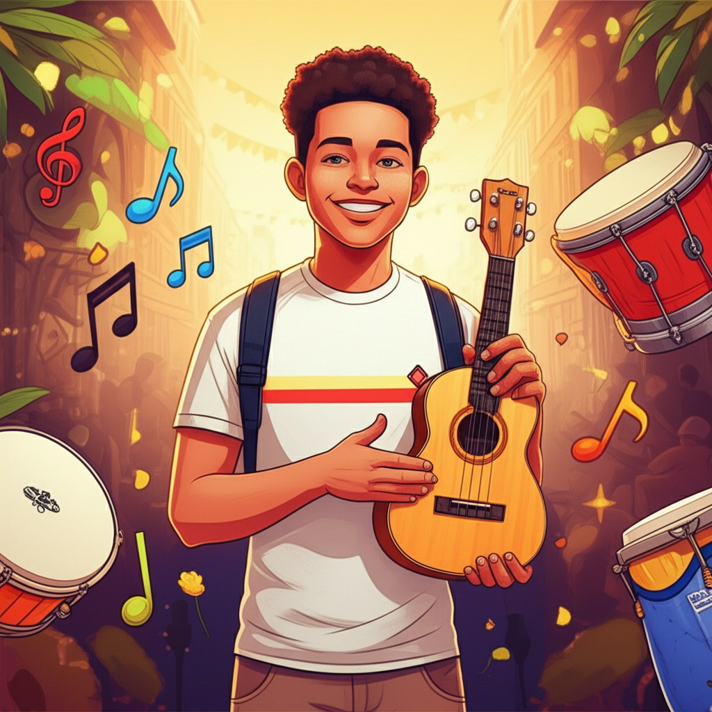 Ilustração de um iniciante tocando cavaquinho cercado por notas musicais e elementos de pagode, representando o aprendizado do zero ao pagode.