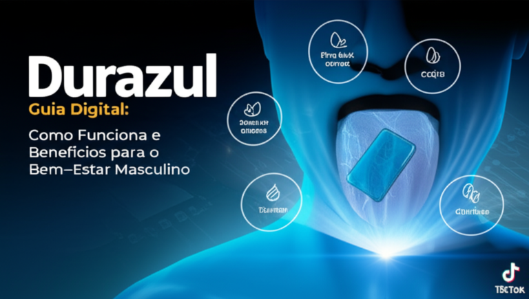 Capa digital do guia Durazul mostrando um adesivo azul translúcido na língua, ícones de ingredientes naturais e efeito de aumento de circulação sanguínea.