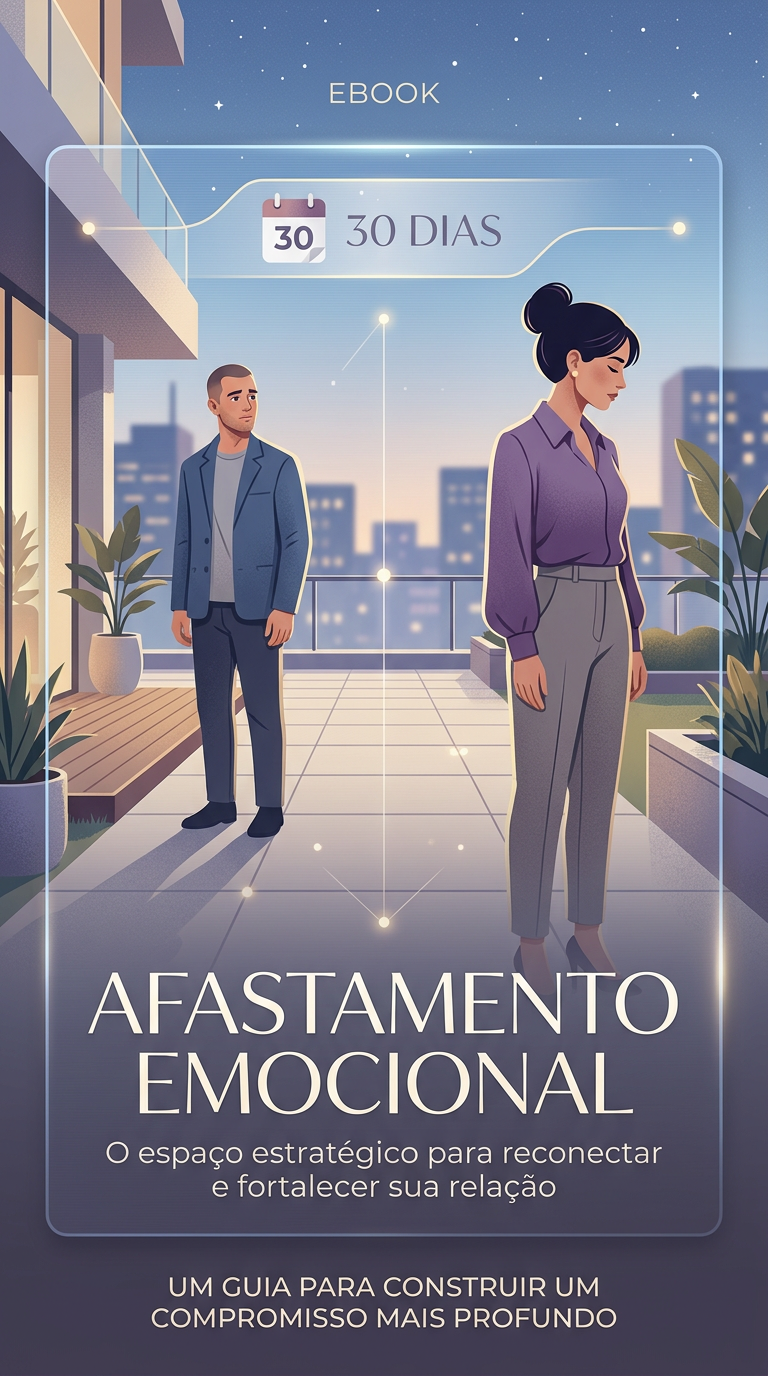 Ilustração conceitual do ebook Afastamento Emocional, mostrando uma mulher e um homem com distância estratégica, simbolizando a busca por um pedido de namoro através de técnicas comportamentais.