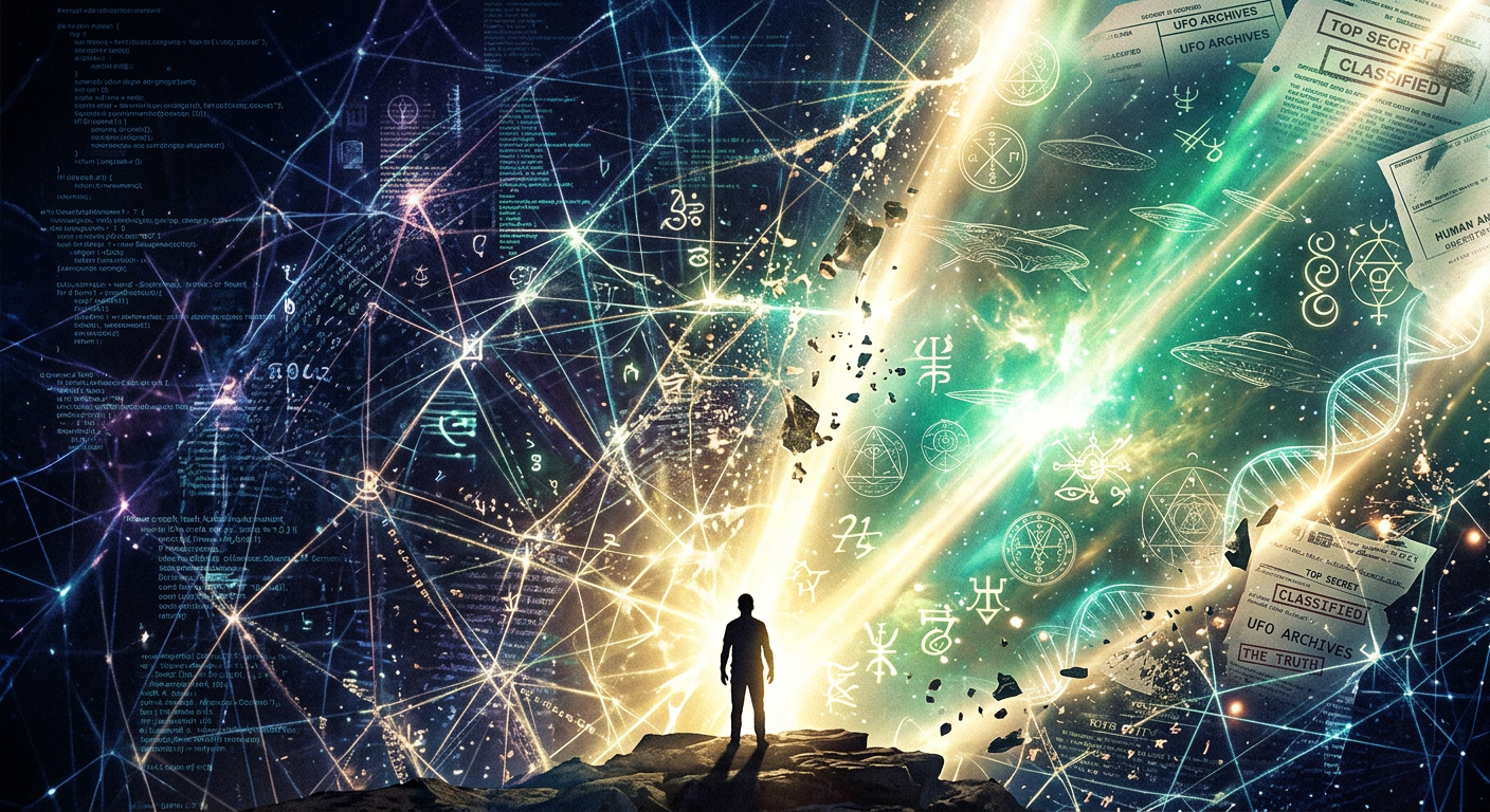 Ilustração conceitual de uma pessoa desvendando a 'matriz' da realidade, com símbolos de tecnologia, espiritualidade, ufologia e documentos governamentais desclassificados.