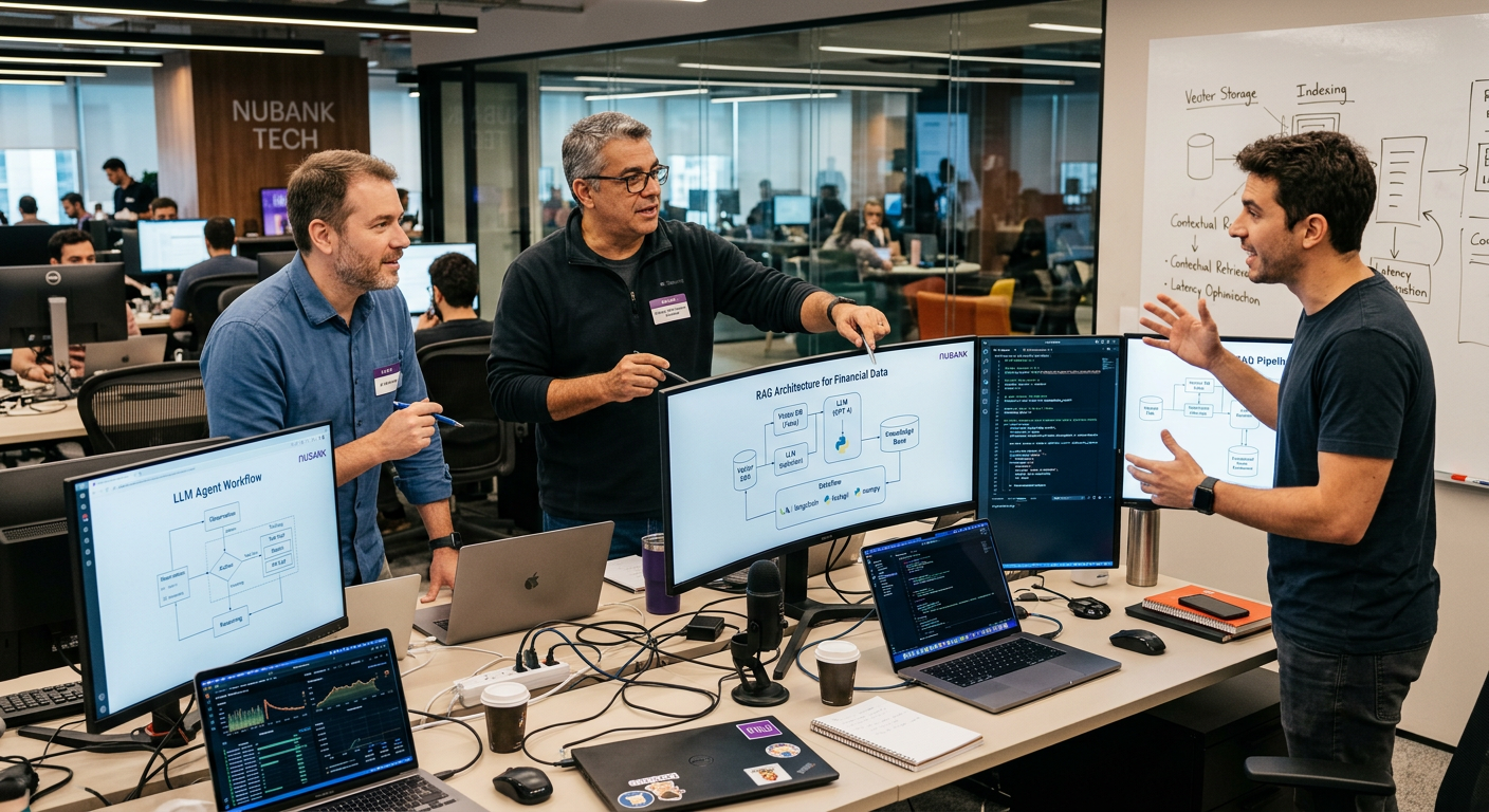 Os engenheiros de IA Daniel Romero, Rafael Ponte e Alberto Souza discutindo conceitos avançados de RAG, LLMs e engenharia de IA para desenvolvedores.