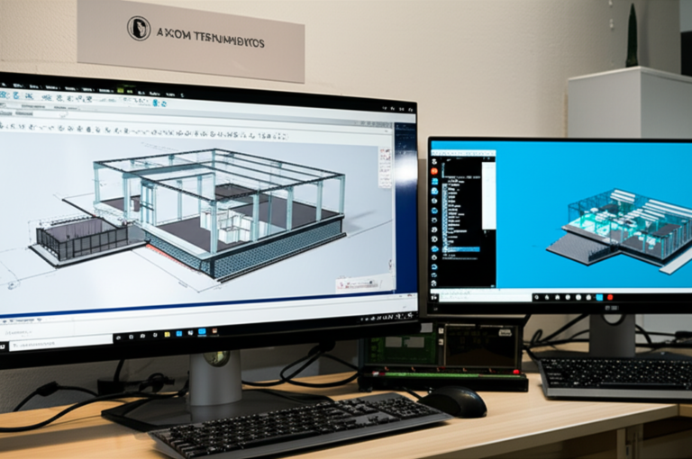 Estação de trabalho com Revit 2024, Dynamo e Navisworks, configurada com i7, 16 GB RAM, SSD 500 GB e GPU GTX 1650, demonstrando fluxo BIM de fases e famílias parametrizadas.