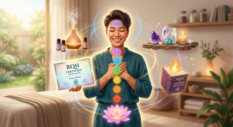 Pessoa tornando-se terapeuta holístico profissional com certificação RQH Ibterapias, rodeada por elementos de cura e bem-estar, representando 70 terapias.
