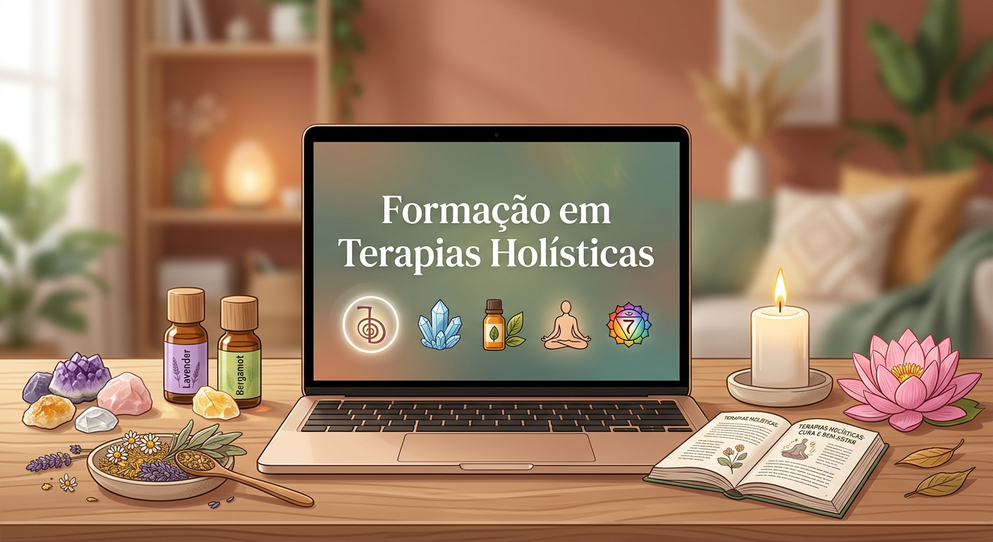 Elementos de terapias holísticas como cristais, óleos essenciais e laptop com curso online, representando a formação completa.