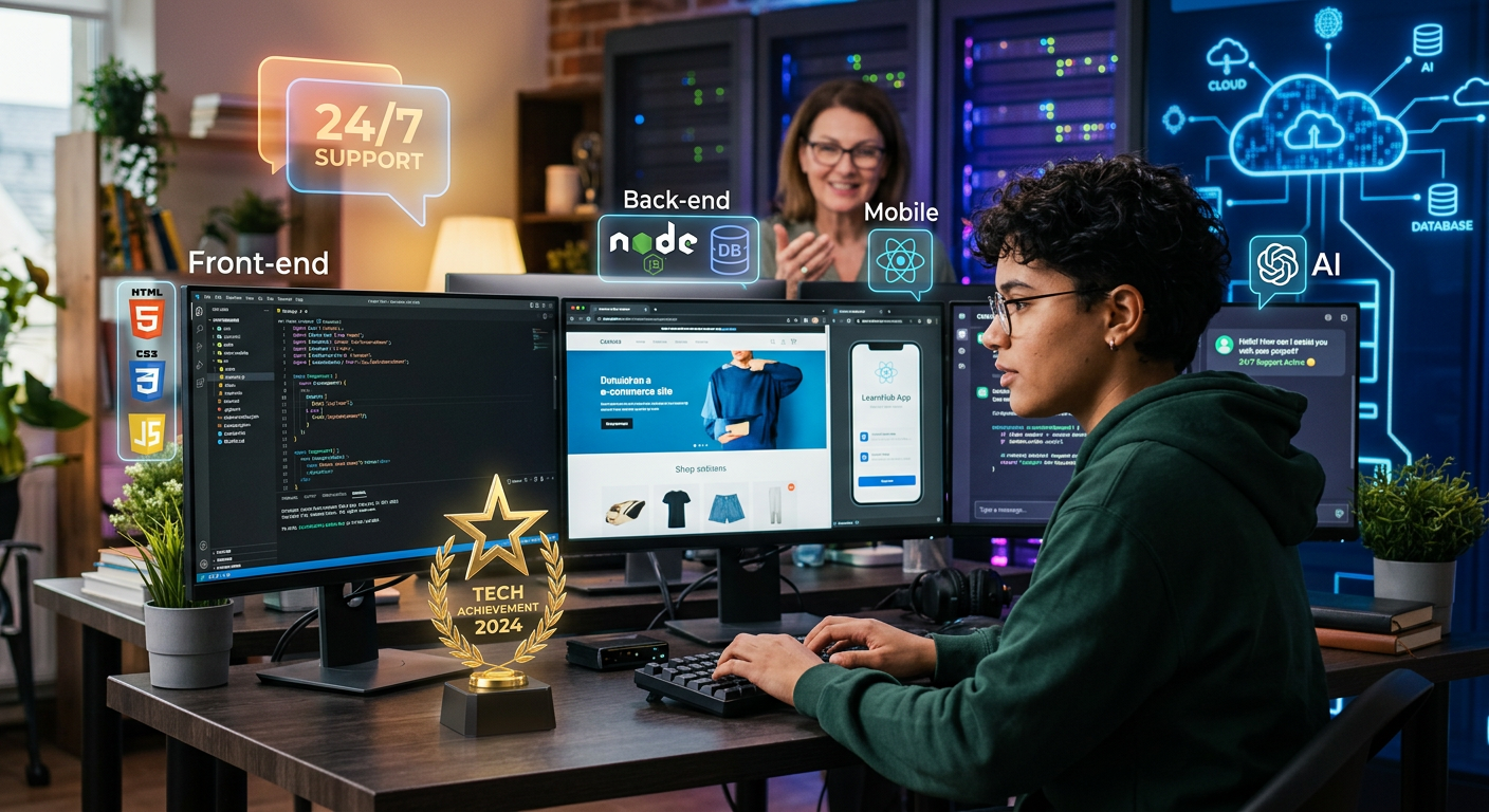 Jovem em formação DevClub Full Stack BR usando laptop, com símbolos de suporte 24/7, troféu de gamificação, e ícones de desenvolvimento web, mobile e backend com IA.