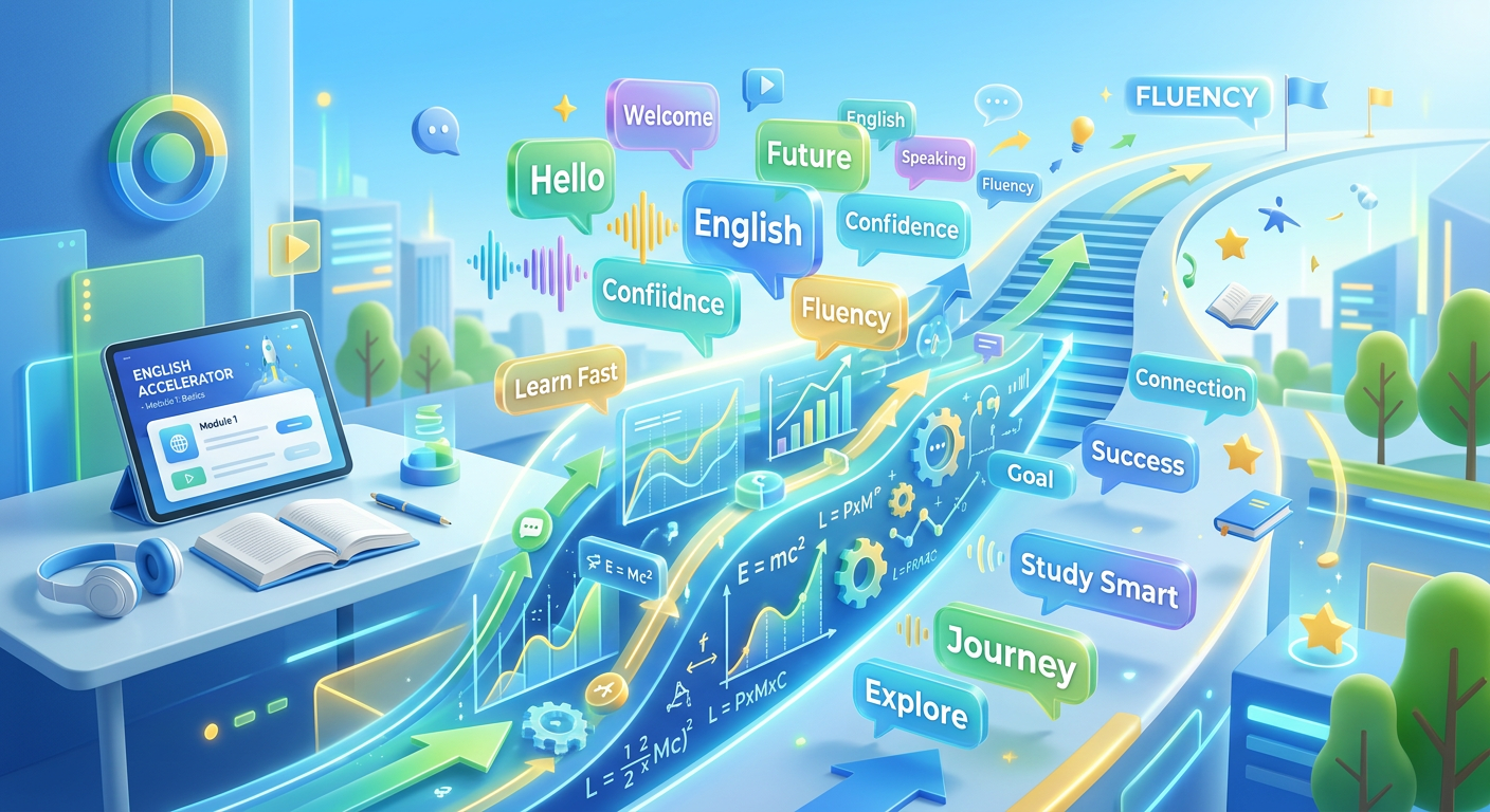 Ilustração conceitual do curso Fórmula da Fluência de Caio R., representando o método estruturado que leva à fluência em inglês com símbolos de progresso e comunicação.