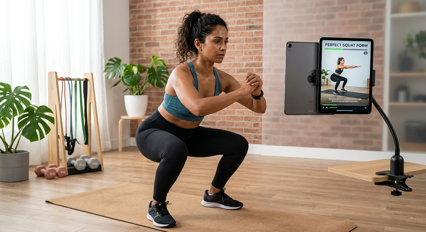 Pessoa treinando em casa ou na academia, seguindo exercícios em GIFs animados e vídeos didáticos exibidos em um smartphone, ilustrando o Guia Completo de Treinos.