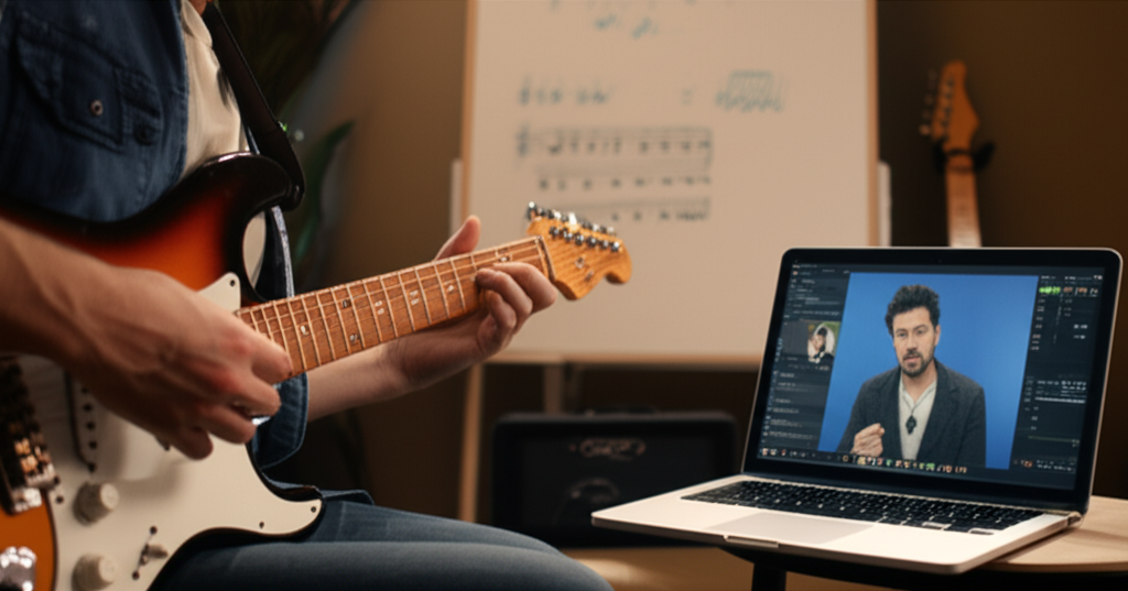 Estudante pratica guitarra elétrica com lição do curso online Guitarra Intensiva de Rodrigo Ferrarezi exibida em notebook.