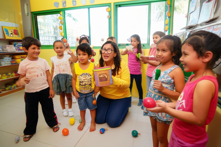 Crianças pequenas felizes participando de uma aula de histórias e brincadeiras cantadas com uma professora sorridente, usando instrumentos musicais infantis e recursos visuais lúdicos em sala de aula.