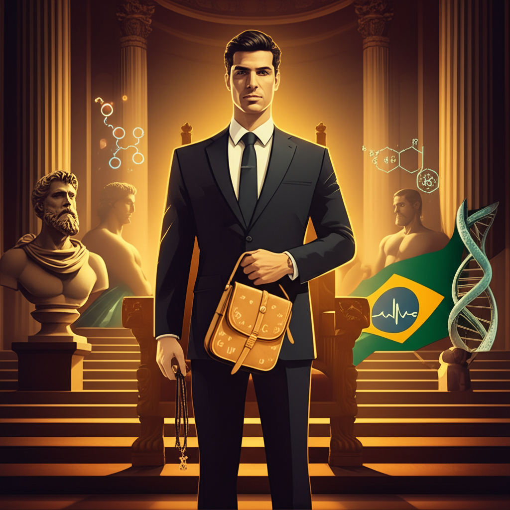 Illustration of a modern man on an imperial throne holding a glowing leather satchel that symbolizes traditional masculine values and advanced health science.