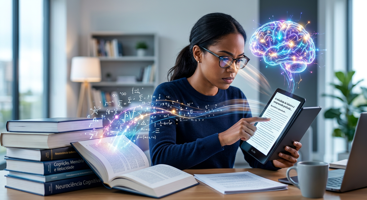 Pessoa concentrada lendo rapidamente um livro, com elementos visuais de um cérebro ativo e velocidade, simbolizando o método Metaleitura de leitura dinâmica e memorização de Renato Alves.