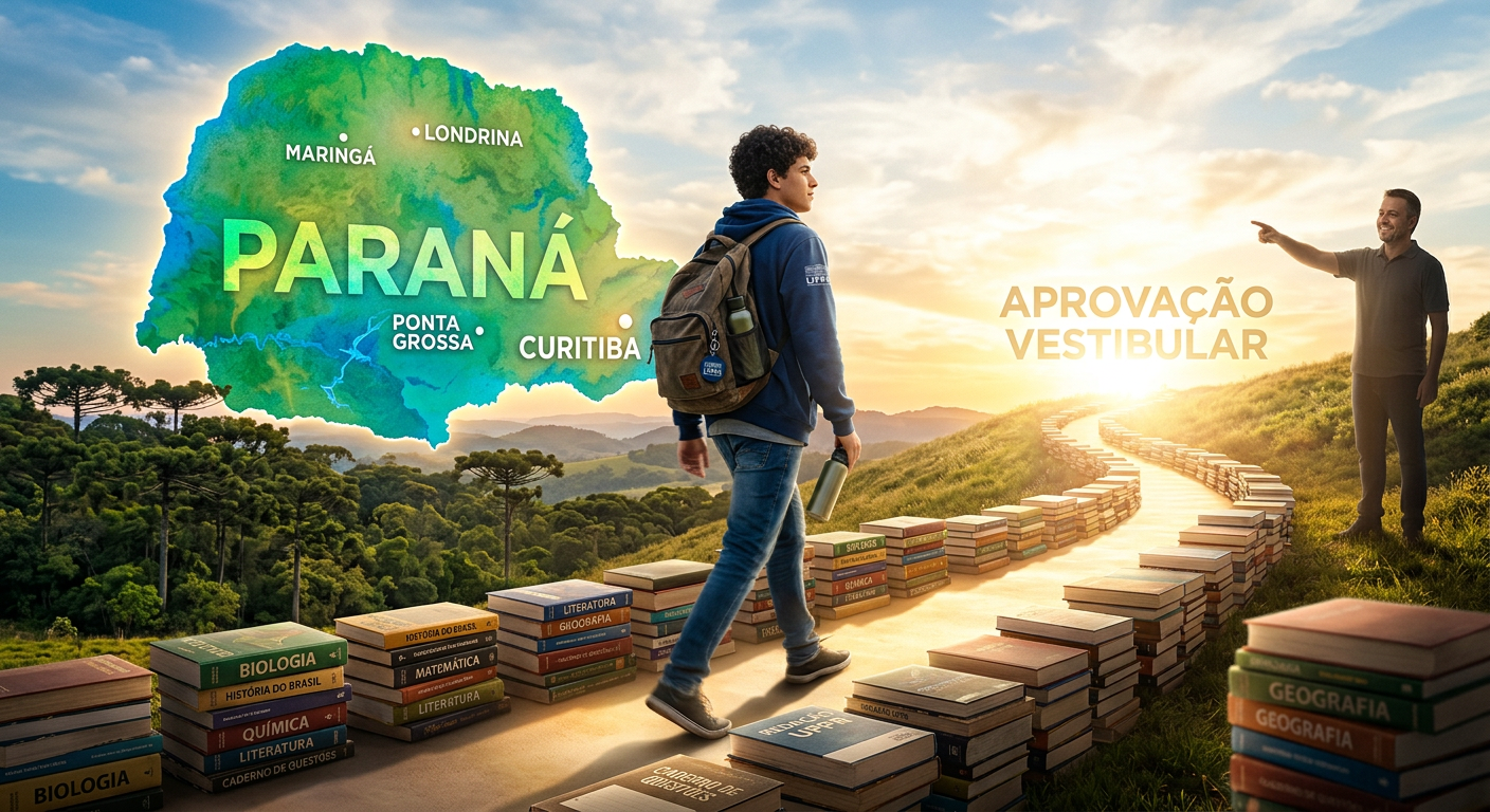 Estudante focado em uma trilha de aprendizado, com livros e um mapa do Paraná ao fundo, simbolizando a preparação para os vestibulares estaduais e o sucesso na aprovação.