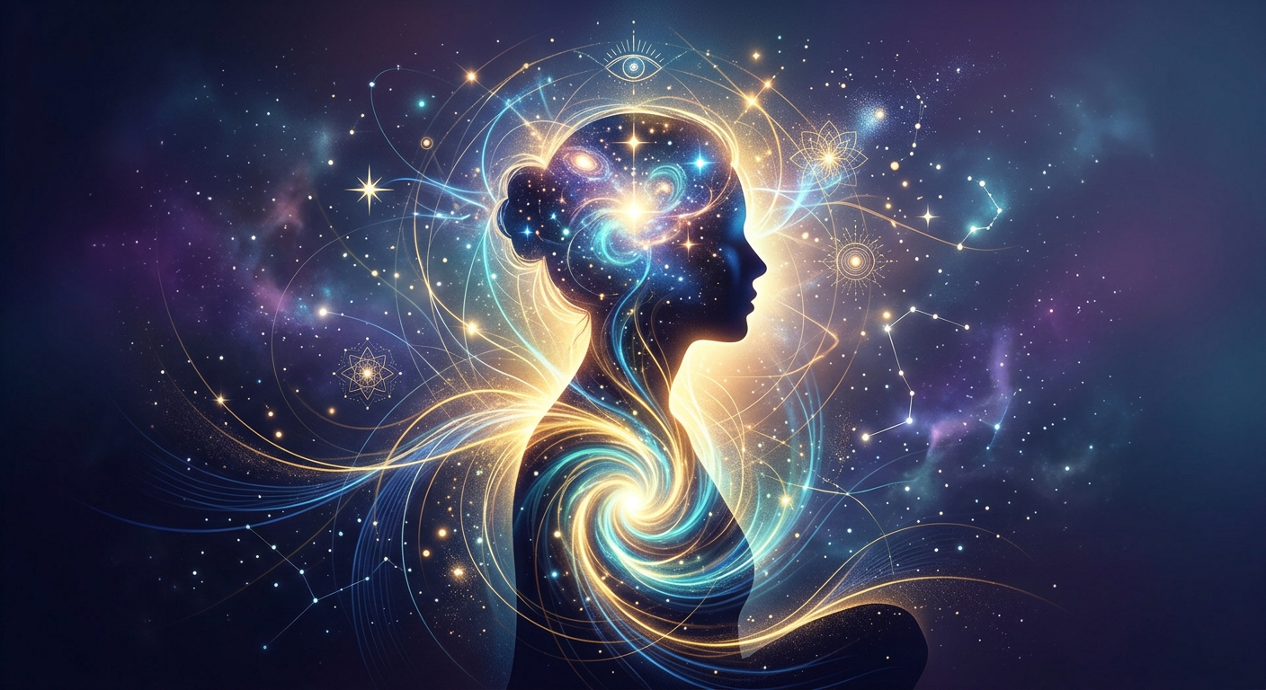 Imagem conceitual de uma cabeça humana abstrata emanando luzes douradas e azuis, simbolizando o despertar da consciência, iluminação e sabedoria interior.