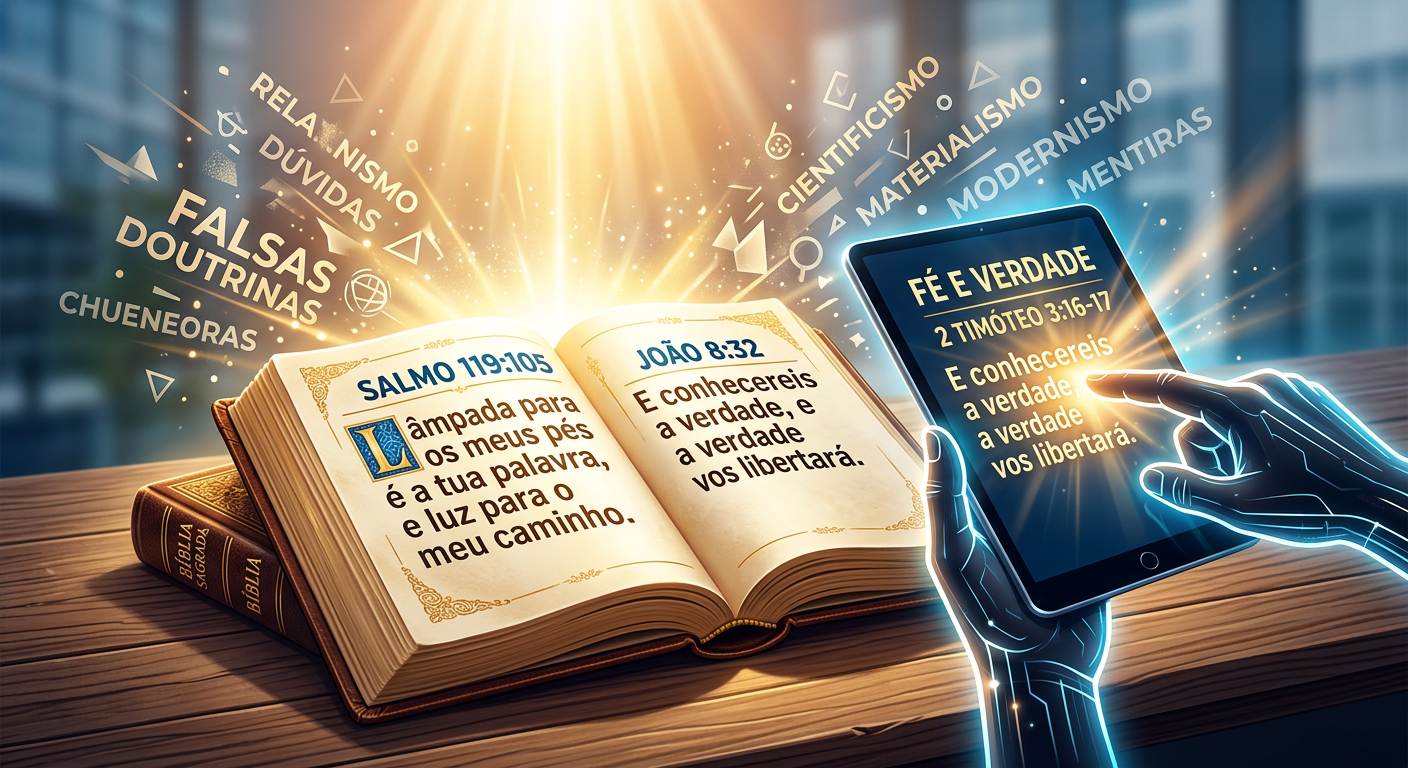Bíblia aberta em tablet com versículos destacados, simbolizando a defesa da fé contra heresias modernas para católicos.