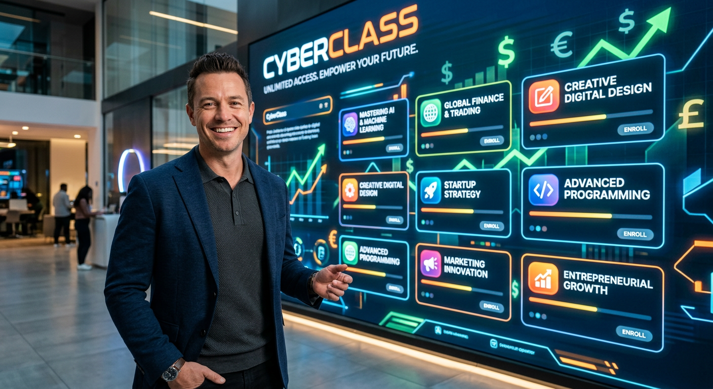 Peter Jordan, fundador do CyberClass, em um ambiente digital moderno com telas exibindo diversos cursos online, simbolizando acesso ilimitado à educação e monetização de habilidades.