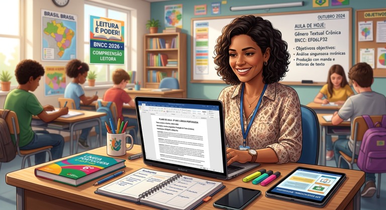 Professora sorridente organizando planejamentos e atividades de Língua Portuguesa para o Ensino Fundamental II (6º ao 9º ano) em um laptop, com alinhamento à BNCC.