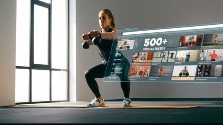 Pessoa realizando exercício funcional com interface digital de plataforma de treinos online exibindo catálogo de 500+ vídeos e planos de treino estruturados.