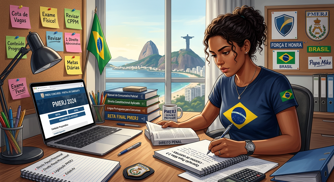 Candidato determinado estudando para o concurso PMERJ Soldado com livros e laptop, focado na preparação estratégica do Operação Papa Mike 2.0.