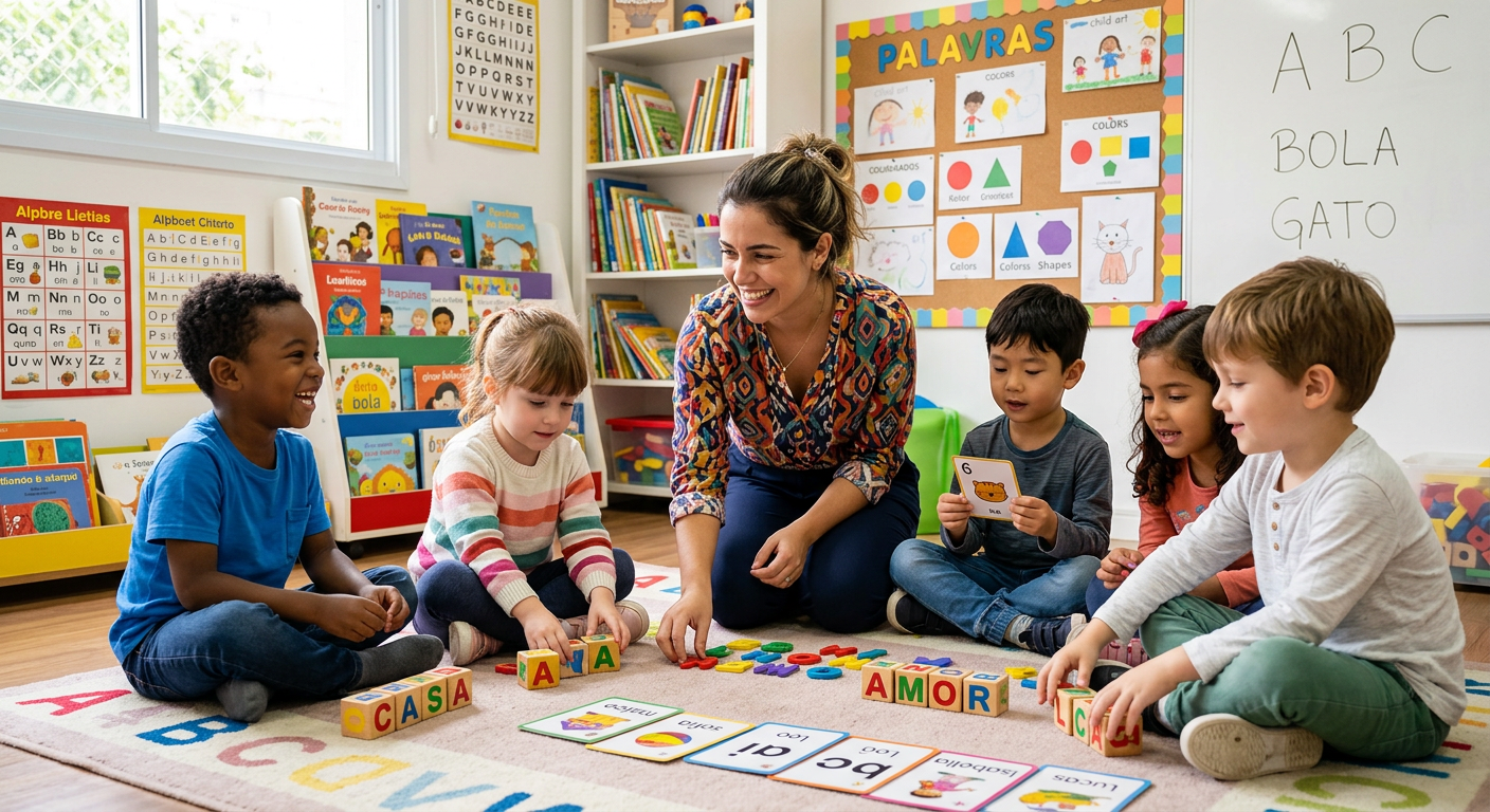 Professora sorridente e engajada usando jogos e atividades lúdicas para ensinar alfabetização a crianças pequenas em sala de aula.
