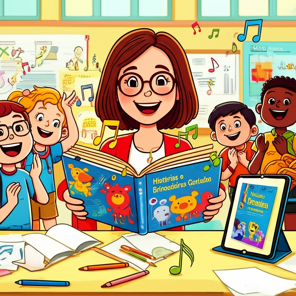 Professora apresentando livro de histórias cantadas para crianças que cantam e brincam em sala de aula, com notas musicais e tablet exibindo o PDF do curso.