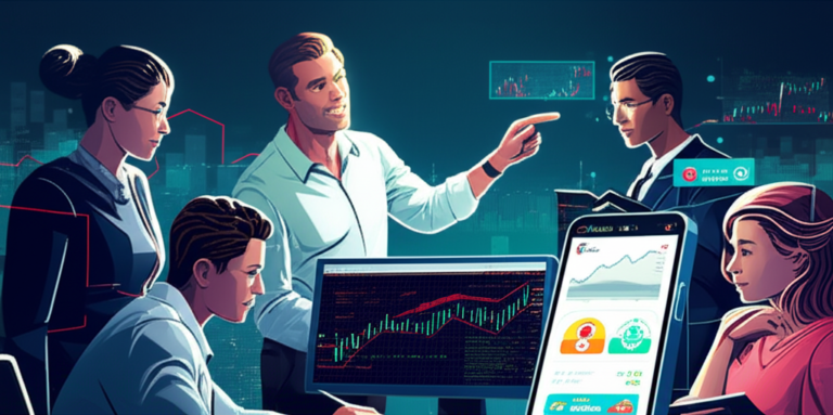 Grupo de traders colaborando e aprendendo com mentores em frente a telas com gráficos de Forex e Cripto, representando a comunidade TakerZ PRO.