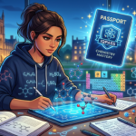 Estudante focado em química com o Passaporte iQuímica 2026 (IQPASS), rodeado por símbolos químicos e universitários, simbolizando aprovação em Medicina.