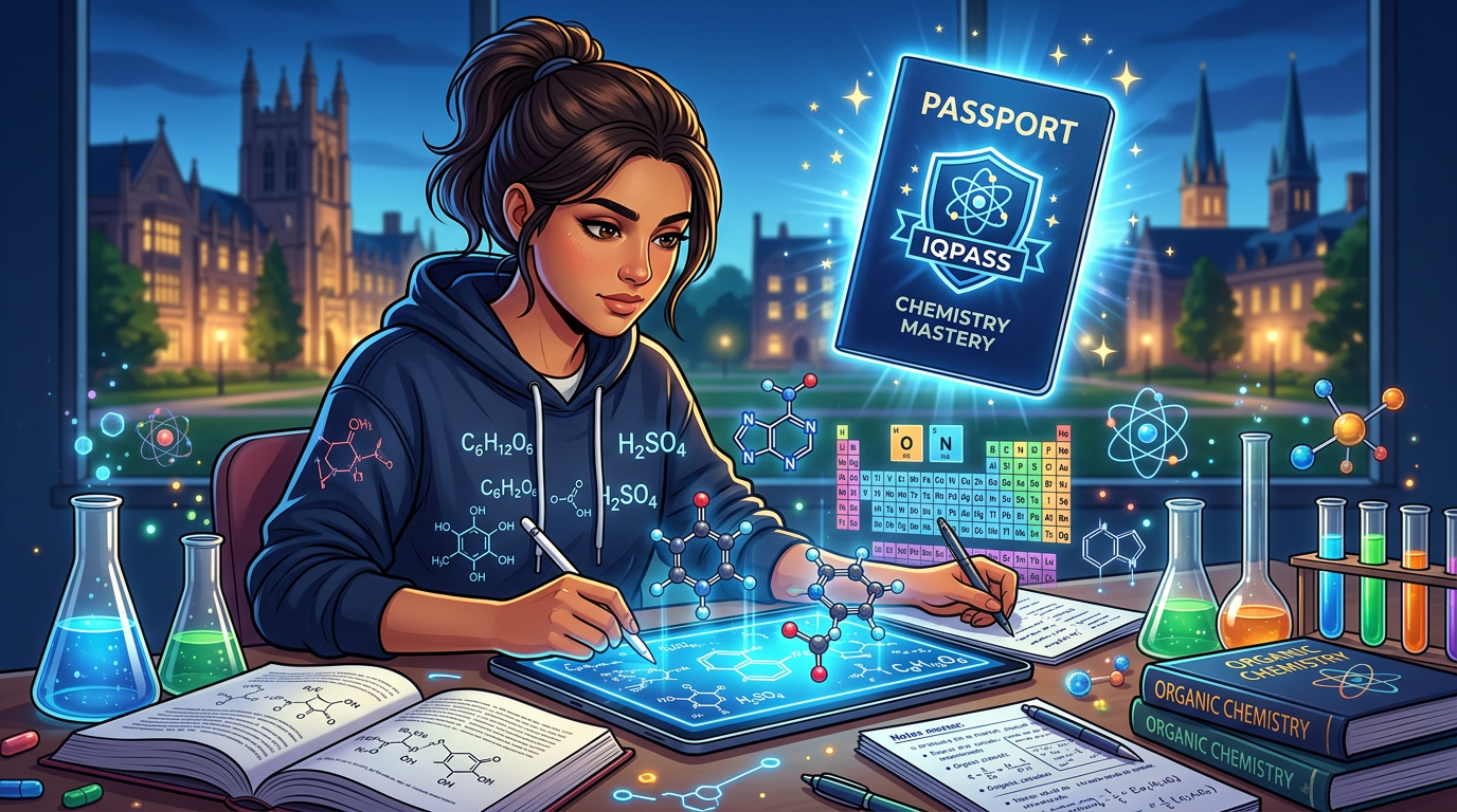 Estudante focado em química com o Passaporte iQuímica 2026 (IQPASS), rodeado por símbolos químicos e universitários, simbolizando aprovação em Medicina.
