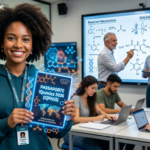 Estudante segura o Passaporte iQuímica 2026 (IQPASS) com símbolos químicos, representando aprovação em Medicina e universidades públicas. Professores da Equipe iQuímica ensinando ao fundo.