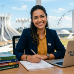 Candidato(a) sorridente e focado(a) estudando para o PSS SEDF 2025, simbolizando a garantia de carências e efetivação.