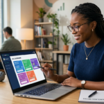 Pessoa acessando a plataforma CyberClass da Petaxxon em um laptop, com módulos de cursos sobre habilidades digitais e monetização de dinheiro online visíveis na tela.