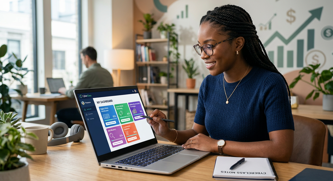 Pessoa acessando a plataforma CyberClass da Petaxxon em um laptop, com módulos de cursos sobre habilidades digitais e monetização de dinheiro online visíveis na tela.
