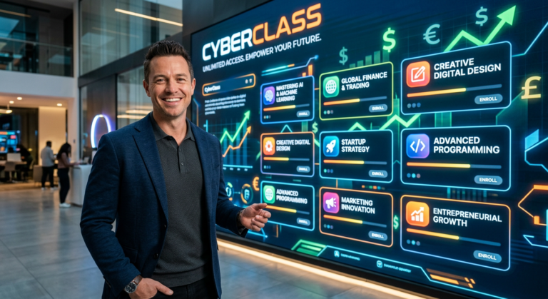 Peter Jordan, fundador do CyberClass, em um ambiente digital moderno com telas exibindo diversos cursos online, simbolizando acesso ilimitado à educação e monetização de habilidades.