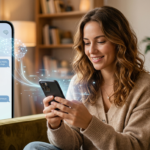 Mão feminina segurando smartphone com aplicativo AndreaAI na tela, exibindo interface de chat de IA para apoio emocional e autoconhecimento.