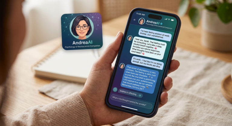 Smartphone com aplicativo AndreaAI exibindo uma interface de chatbot de apoio emocional, com elementos visuais de psicanálise e neurociência ao fundo, simbolizando um 'terapeuta de bolso'.