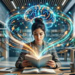 Ilustração de uma pessoa lendo rapidamente um livro, com gráficos que representam foco, velocidade e retenção de informações, simbolizando o Curso Metaleitura de Renato Alves.