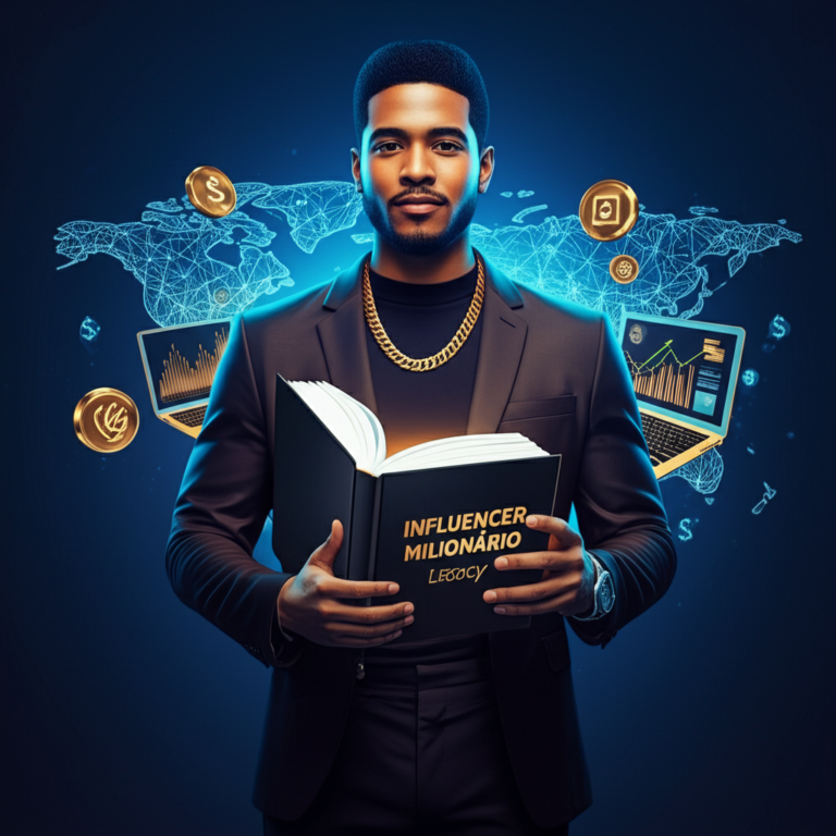 Illustration of a successful influencer holding the eBook 'Influencer Milionário Legacy' with a world map, social media icons, and dollar symbols representing global digital success.