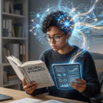 Pessoa concentrada lendo rapidamente um livro e um tablet, com símbolos de atividade cerebral, representando o Curso Leitura Dinâmica Metaleitura de Renato Alves.