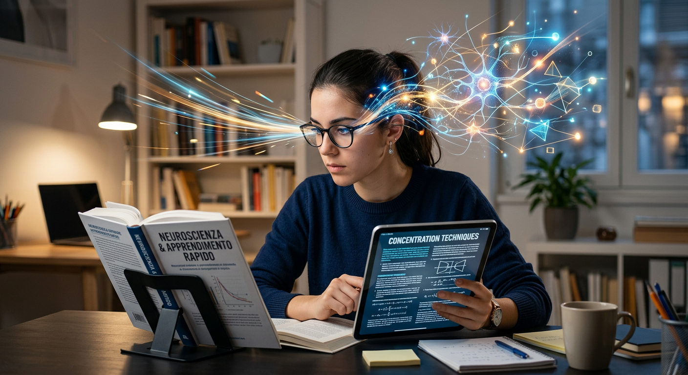 Pessoa lendo com velocidade e alta concentração, com elementos gráficos de neurônios e velocidade ao redor, representando o método Metaleitura LDE de Renato Alves.