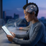 Pessoa lendo rapidamente com foco intenso, representando a Leitura Dinâmica - Metaleitura (LDE) de Renato Alves, que combina velocidade e alta compreensão cerebral.