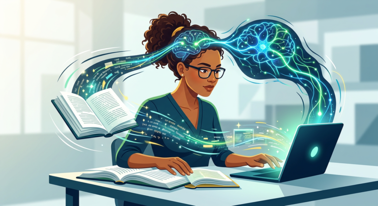 Pessoa lendo rapidamente com foco intenso e elementos visuais de neurociência, representando o Curso Leitura Dinâmica Metaleitura (LDE) de Renato Alves para memorização e velocidade.