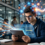 Pessoa lendo rapidamente com foco, com elementos visuais de atividade cerebral e conhecimento, representando o Curso Leitura Dinâmica Metaleitura de Renato Alves.