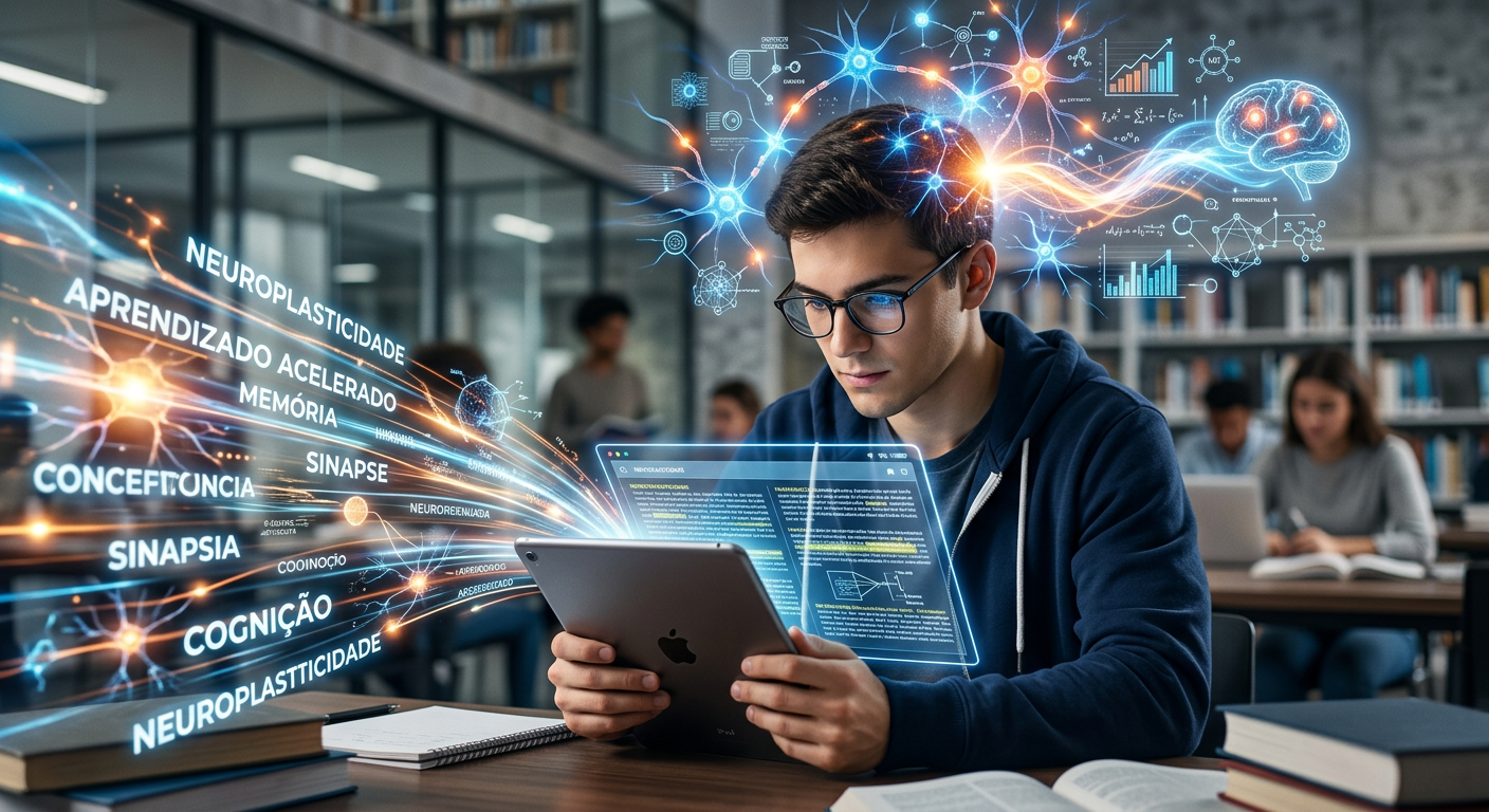 Pessoa lendo rapidamente com foco, com elementos visuais de atividade cerebral e conhecimento, representando o Curso Leitura Dinâmica Metaleitura de Renato Alves.