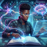 Pessoa lendo rapidamente um livro e tablet, com redes neurais e luzes representando leitura dinâmica, neurociência e memorização.